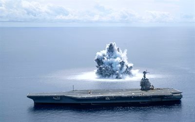 USS Gerald R Ford, CVN-78, American nuclear-powered aircraft carrier, US Navy, explosion near aircraft carrier, tests