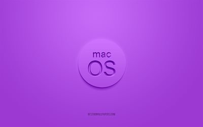 MacOS 3D logosu, mor arka plan, MacOS mor logosu, 3D logosu, MacOS amblemi, MacOS, 3D sanat