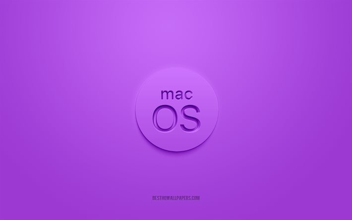 macos 3d-logo, lila hintergrund, macos lila logo, 3d-logo, macos-emblem, macos, 3d-kunst