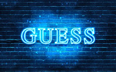 Guess logo bleu, 4k, mur de briques bleu, logo Guess, marques, logo n&#233;on Guess, Guess