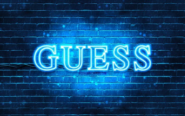 Guess logo blu, 4k, muro di mattoni blu, Guess logo, marchi, Guess neon logo, Guess