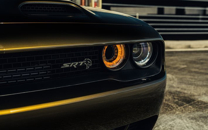 Dodge Challenger SRT Hellcat, front view, exterior, headlights, sports cars, American cars, Dodge