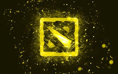 Dota 2 sarı logo, 4k, sarı neon ışıklar, yaratıcı, sarı soyut arka plan, Dota 2 logosu, online oyunlar, Dota 2