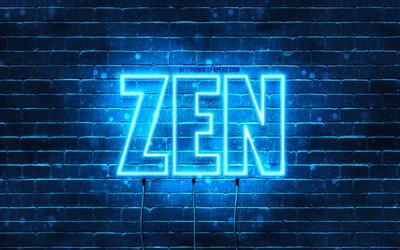 Hyv&#228;&#228; syntym&#228;p&#228;iv&#228;&#228; Zen, 4k, siniset neonvalot, Zen-nimi, luova, Zen Happy Birthday, Zen Birthday, suosittuja japanilaisia miesten nimi&#228;, kuva Zen-nimell&#228;, Zen