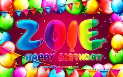 Joyeux anniversaire Zoie, 4k, cadre de ballon color&#233;, nom de Zoie, fond violet, joyeux anniversaire de Zoie, anniversaire de Zoie, noms f&#233;minins am&#233;ricains populaires, concept d&#39;anniversaire, Zoie