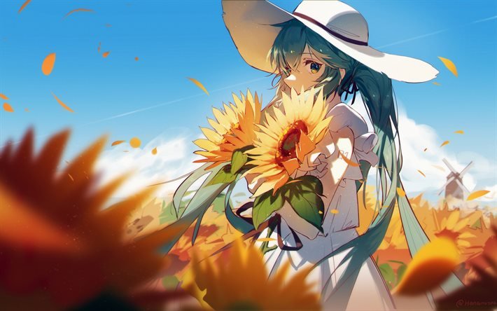 Hatsune Miku, Vocaloid, personnages d&#39;anime, Manga japonais, Hatsune Miku avec des fleurs, Personnages Vocaloid