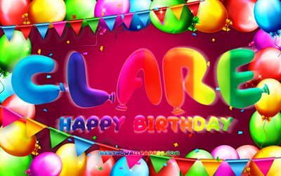Joyeux anniversaire Clare, 4k, cadre de ballon color&#233;, nom de Clare, fond violet, joyeux anniversaire de Clare, anniversaire de Clare, noms f&#233;minins am&#233;ricains populaires, concept d&#39;anniversaire, Clare