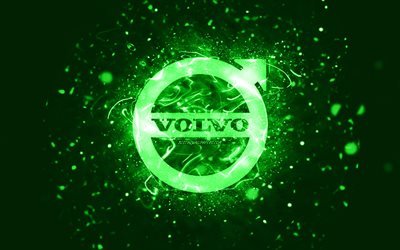 Volvo yeşil logo, 4k, yeşil neon ışıkları, yaratıcı, yeşil soyut arka plan, Volvo logosu, otomobil markaları, Volvo