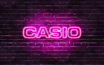 Logotipo da Casio roxo, 4k, parede de tijolos roxa, logotipo da Casio, marcas, logotipo da Casio neon, Casio