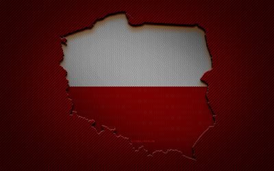 Carte de la Pologne, 4k, pays europ&#233;ens, drapeau polonais, fond de carbone rouge, silhouette de la carte de la Pologne, drapeau de la Pologne, Europe, carte polonaise, Pologne