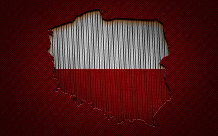 خريطة بولندا, 4 ك, البلدان الأوروبية, العلم البولندي, الكربون الأحمر الخلفية, بولندا صورة ظلية الخريطة, علم بولندا, أوروبا, الخريطة البولندية, بولندا