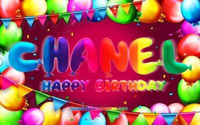 Buon Compleanno Chanel, 4k, palloncino colorato cornice, nome Chanel, sfondo viola, Compleanno Chanel, nomi femminili americani popolari, Concetto di compleanno, Chanel