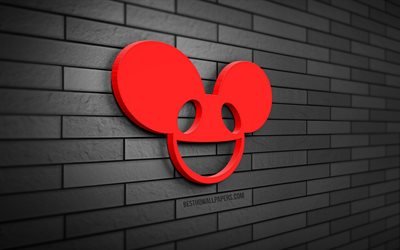 Deadmau5 logo 3D, 4K, Joel Thomas Zimmerman, mur de briques gris, créatif, marques, logo Deadmau5, DJ canadiens, art 3D, Deadmau5