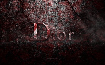 Logotipo da Dior, arte do grunge, logotipo da pedra Dior, textura da pedra vermelha, Dior, textura da pedra do grunge, emblema da Dior, logotipo 3D da Dior