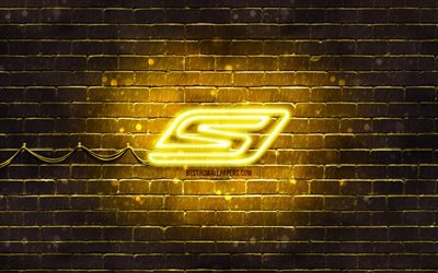Skechers amarillo logo, 4k, amarillo brickwall, Skechers logo, marcas, Skechers neon logo, Skechers