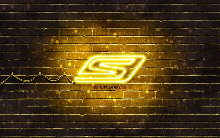 Skechers yellow logo, 4k, yellow brickwall, Skechers logo, brands, Skechers neon logo, Skechers