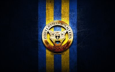 Zoetermeer Panthers, 金色のロゴ, BeNeリーグ, 青い金属の背景, オランダのホッケーチーム, ZoetermeerPanthersのロゴ, ホッケー