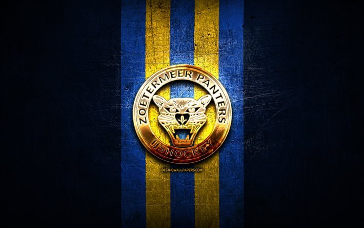 Zoetermeer Panthers, golden logo, BeNe League, blue metal background, dutch hockey team, Zoetermeer Panthers logo, hockey