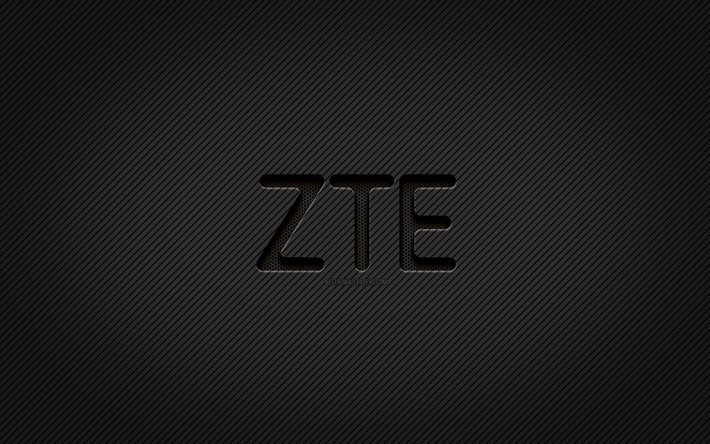 ZTE logo in carbonio, 4k, grunge, arte, sfondo in carbonio, creativo, logo nero ZTE, marchi, logo ZTE, ZTE