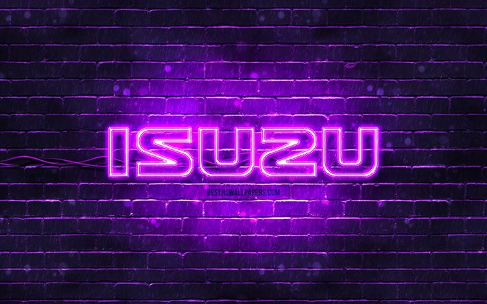 Isuzu violet logo, 4k, violet brickwall, Isuzu logo, cars brands, Isuzu neon logo, Isuzu