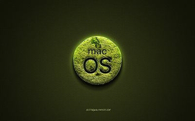 MacOSロゴ, 緑の創造的なロゴ, 花のアートのロゴ, MacOSエンブレム, 緑の炭素繊維の質感, Mac OS, クリエイティブアート