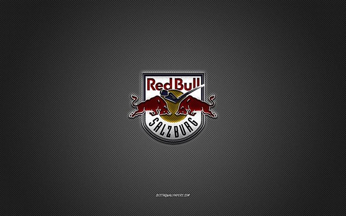 EC Red Bull Salzburg, club de hockey autrichien, EIHL, logo rouge, fond gris en fibre de carbone, Elite Ice Hockey League, hockey, Salzbourg, Autriche, logo EC Red Bull Salzburg