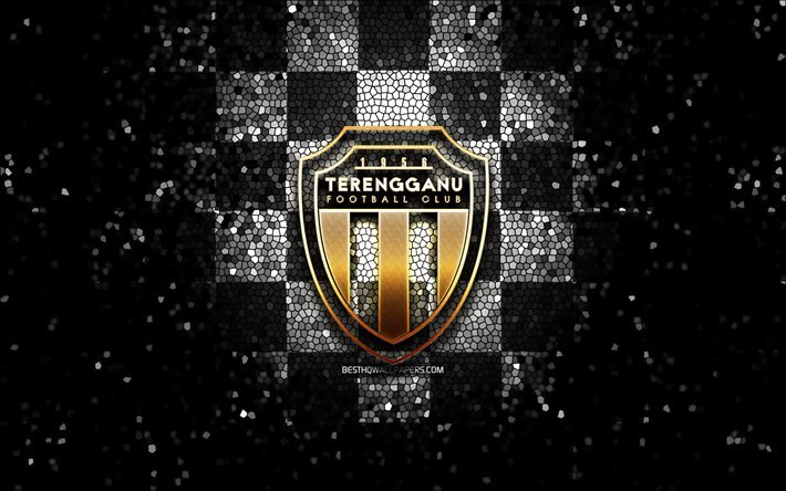 Terengganu FC, glitter logo, Malaysia Super League, black white checkered background, soccer, malaysian football club, Terengganu FC logo, mosaic art, football, FC Terengganu