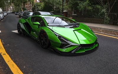Lamborghini Sian, vista frontale, esterno, supercar, nuovo Sian verde, auto sportive italiane, Lamborghini