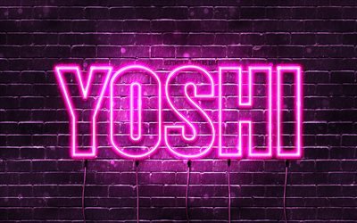 Joyeux anniversaire Yoshi, 4k, n&#233;ons roses, nom Yoshi, cr&#233;atif, joyeux anniversaire Yoshi, anniversaire Yoshi, noms f&#233;minins japonais populaires, photo avec le nom Yoshi, Yoshi