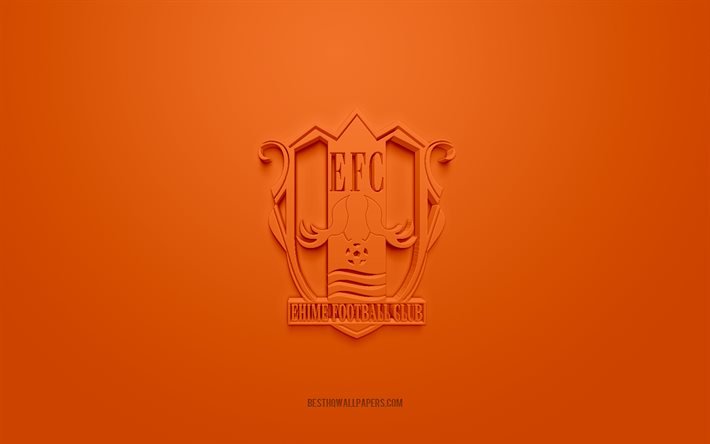 Ehime FC, creative 3D logo, orange background, J2 League, 3d emblem, Japan Football Club, Matsuyama, Japan, 3d art, football, Ehime FC 3d logo