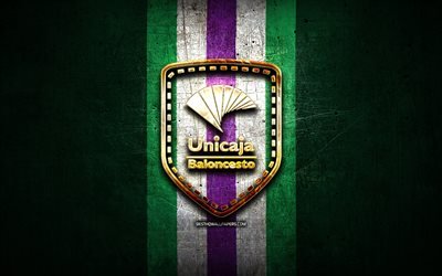 ユニカジャバロンセスト, 金色のロゴ, ACB, 緑の金属の背景, スペインのバスケットボールチーム, UnicajaBaloncestoロゴ, バスケットボール, UnicajaBaloncestoマラガ