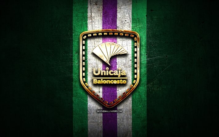 Unicaja Baloncesto, golden logo, ACB, green metal background, spanish basketball team, Unicaja Baloncesto logo, basketball, Unicaja Baloncesto Malaga