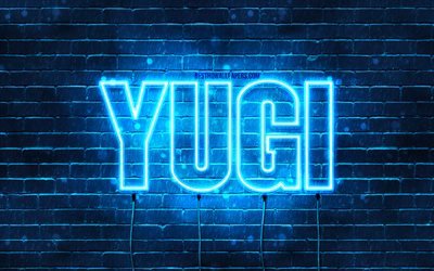 Joyeux anniversaire Yugi, 4k, n&#233;ons bleus, nom Yugi, cr&#233;atif, joyeux anniversaire Yugi, anniversaire Yugi, noms masculins japonais populaires, photo avec le nom Yugi, Yugi