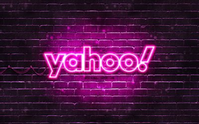 Yahoo紫のロゴ, 4k, 紫のレンガの壁, Yahooロゴ, お, Yahooネオンロゴ, Yahoo