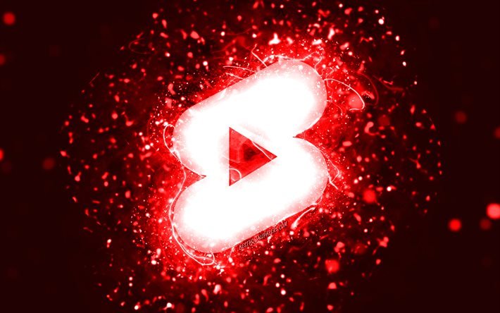 Youtube shortsit punainen logo, 4k, punaiset neon valot, luova, punainen abstrakti tausta, Youtube shortsit logo, sosiaalinen verkosto, Youtube shortsit