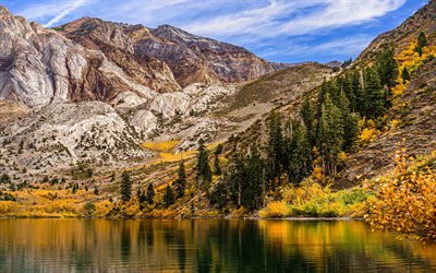 mountain lake, autumn, mountain landscape, yellow trees, autumn landscape, lake, rocks
