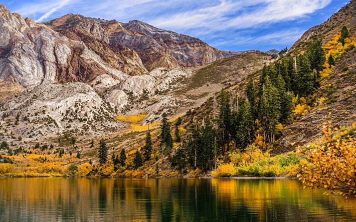 マウンテンレイク, 秋, 山の風景, 黄色い木, 秋の風景, 湖, Rocks (岩)