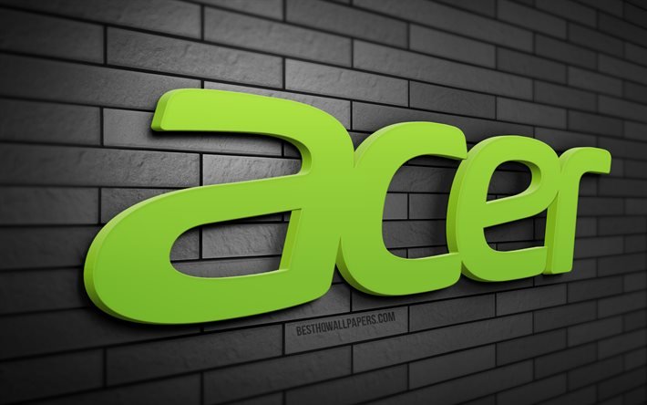 Logo Acer 3D, 4K, muro di mattoni grigio, creativo, marchi, logo Acer, arte 3D, Acer