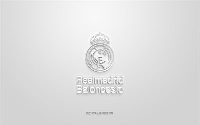 Real Madrid Baloncesto, logo 3D creativo, sfondo bianco, squadra di basket spagnola, Liga ACB, Madrid, Spagna, arte 3d, basket, logo 3d del Real Madrid Baloncesto