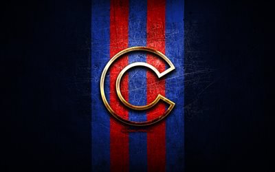 Chicago Cubs emblem, MLB, golden emblem, blue metal background, american baseball team, Major League Baseball, baseball, Chicago Cubs