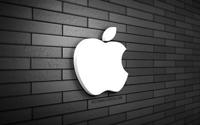 Logotipo de Apple 3D, 4K, pared de ladrillo gris, creativo, marcas, logotipo de Apple, arte 3D, Apple