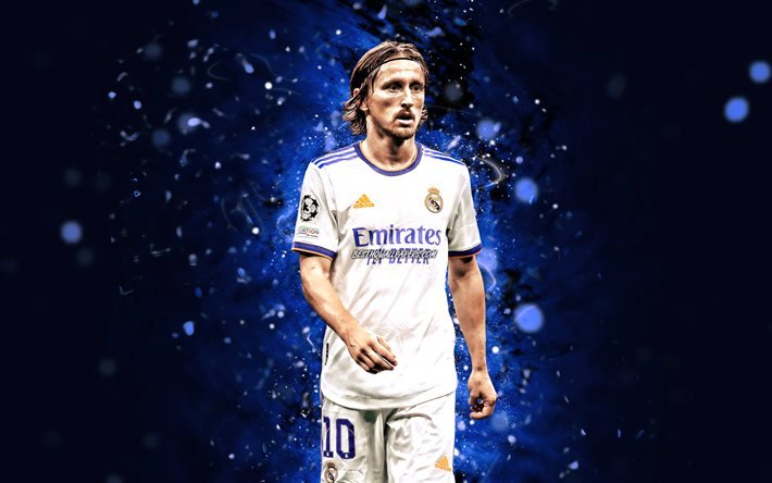 Luka Modric, 4k, 2021, Real Madrid FC, croatian footballers, La Liga, blue neon lights, soccer, football, Real Madrid CF, LaLiga, Luka Modric 4K, Luka Modric Real Madrid