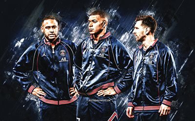 PSG, Lionel Messi, Kylian-Mbappe, Neymar, Paris Saint-Germain, Ligue 1, Francia, fútbol, fondo de piedra azul, arte grunge, Leo Messi