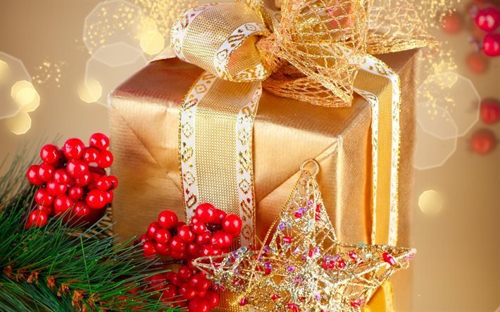 Navidad, regalo de A&#241;o Nuevo, caja de oro, bolas de Navidad
