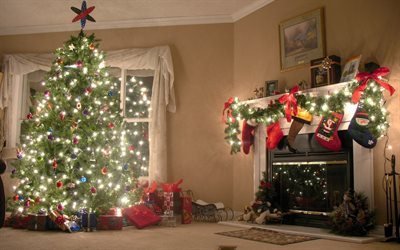 Christmas tree, Christmas, fire, night, interior
