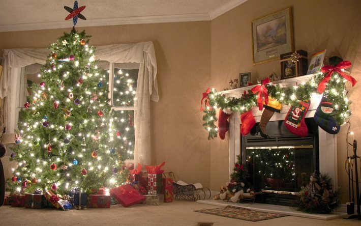 クリスマスツリー, クリスマス, 火, 夜, 室内