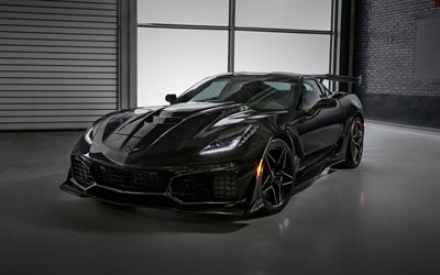 Chevrolet Corvette ZR1, 2019, C7, 4k, black sports coupe, tuning, supercar, black Corvette, USA, American sports cars, Chevrolet