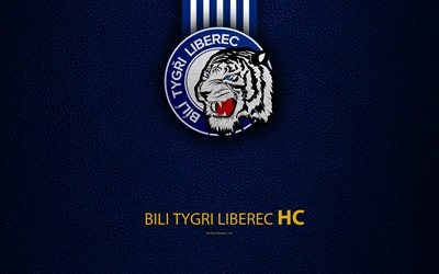 Bili Tygri Liberec HC, 4k, logo, leather texture, Czech hockey club, Extraliga, Liberec, Czech Republic, hockey