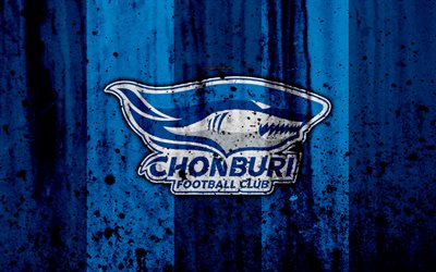 4k, FC Chonburi, grunge, Thai League 1, soccer, art, football club, Thailand, Chonburi, logo, stone texture, Chonburi FC