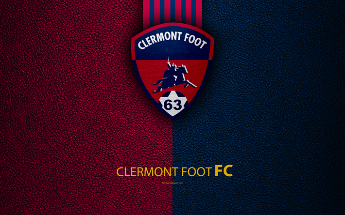 Clermont Foot FC, Fransız Futbol Kul&#252;b&#252;, 4k, 2 İzle, deri doku, logo, Clermont-Ferrand, Fransa, ikinci Lig, futbol